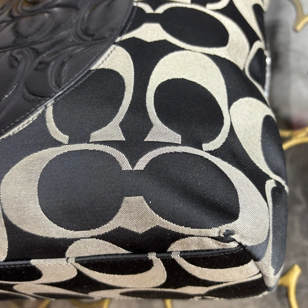 Coach Black and Khaki Signature Canvas Tote with Patent Trim